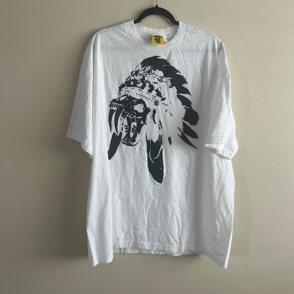 EMORTAL Saber Tooth Skull Graphic Tee White Streetwear Oversized USA XXL Y2K 90s